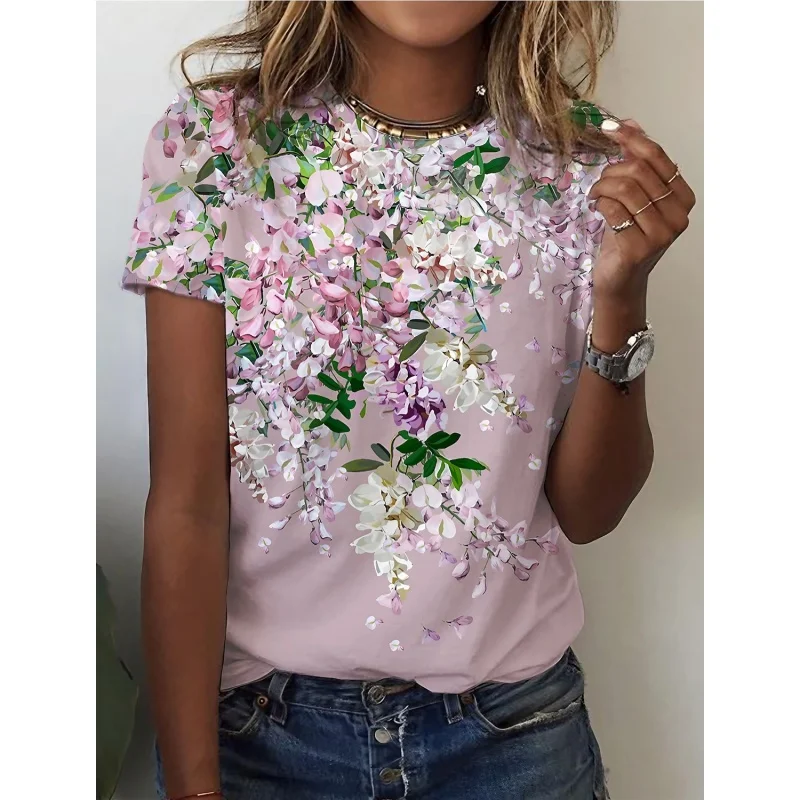 

Футболка с 3D принтом фиолетового цвета глицинии для женщин, футболка с короткими рукавами и графикой с растениями, летние уличные футболки с круглым вырезом, топы, свободные футболки