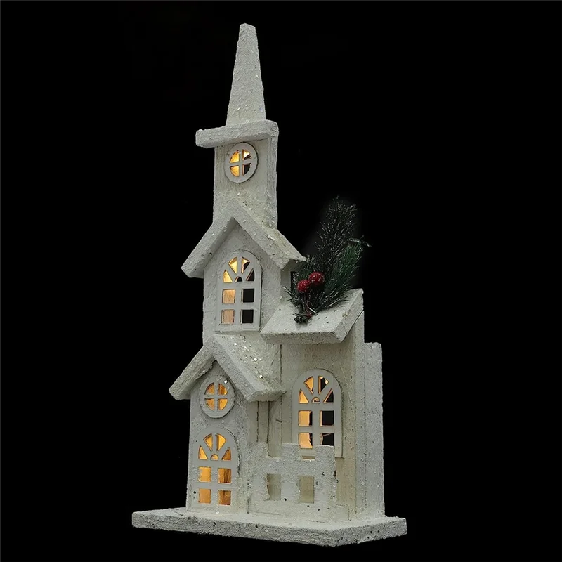 Christmas Wood Village Christmas LED Church Light House Snow Scene Xmas Decorations for Christmas Desktop Ornament