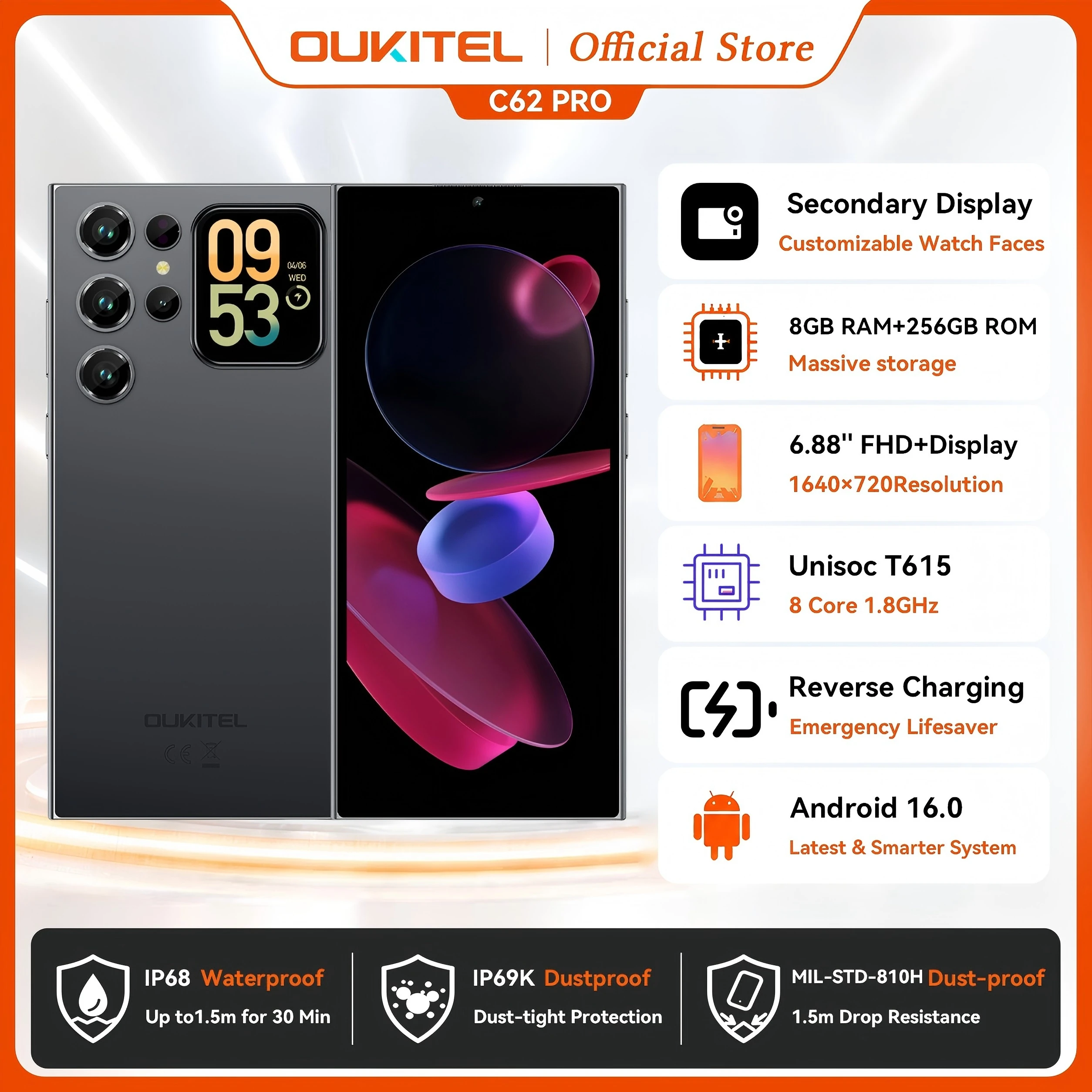 OUKITEL C62 Pro NFC Smartphone Android 15, 6.88" HD+ 1.81" Sub Screen Unisoc T615 Cell Phone, 24GB (8+16) + 256GB, 5150mAh