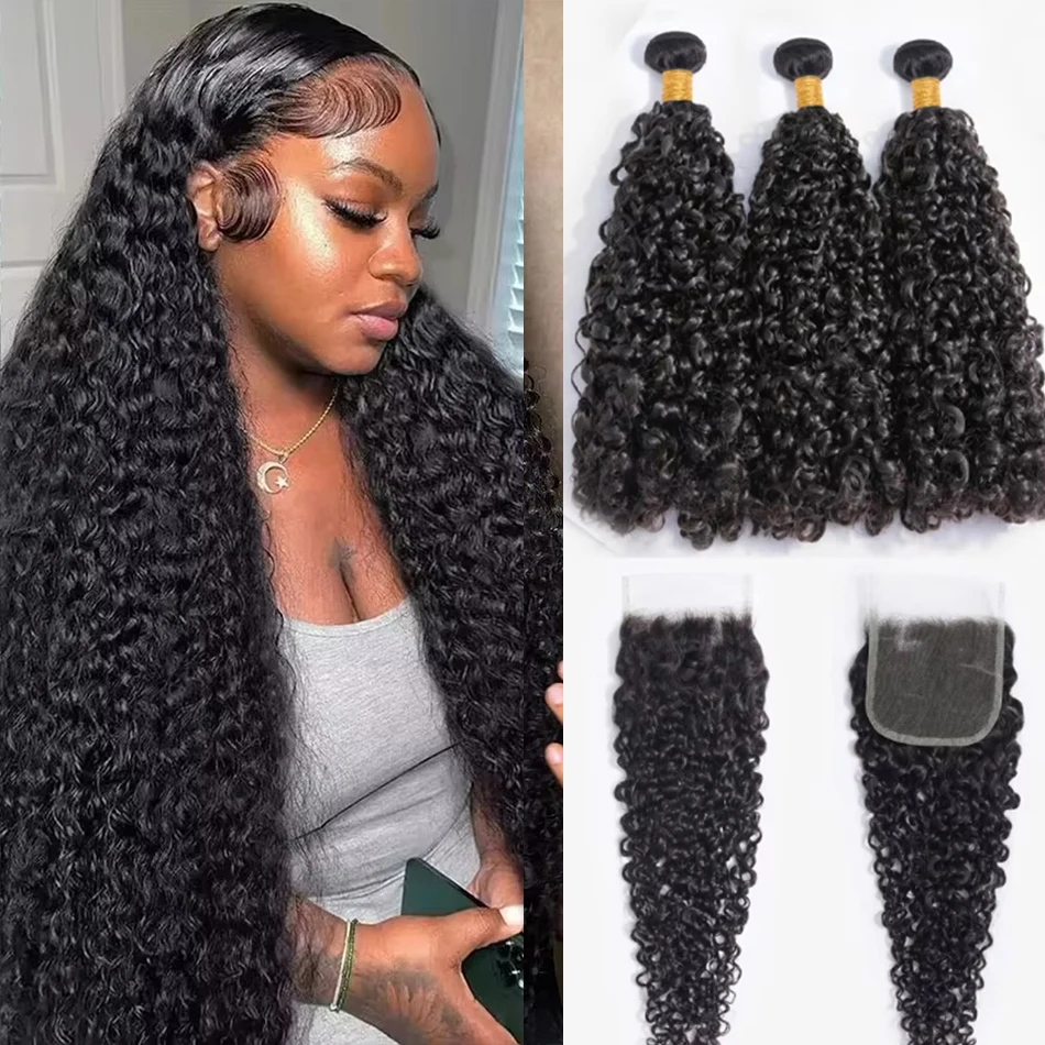 

Пучки глубоких волн с застежкой 4x4, кружево для женщин, 100% плетение человеческих волос, натуральный цвет, вьющиеся пучки натуральных волос, наращивание