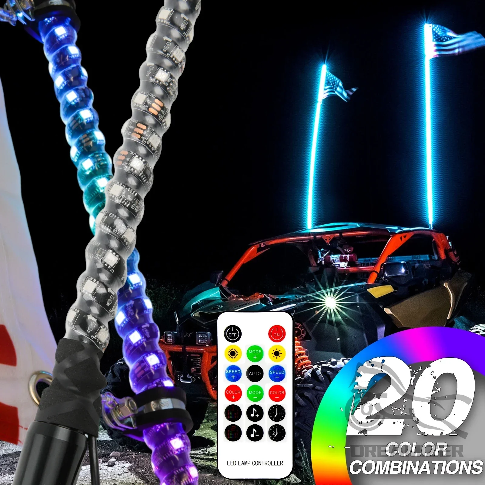 2pcs 3/4 ft LED Whip Light With App Remote Control Spiral RGB Chasing Music Whip Light for UTV ATV RZR Can-Am SXS Polaris