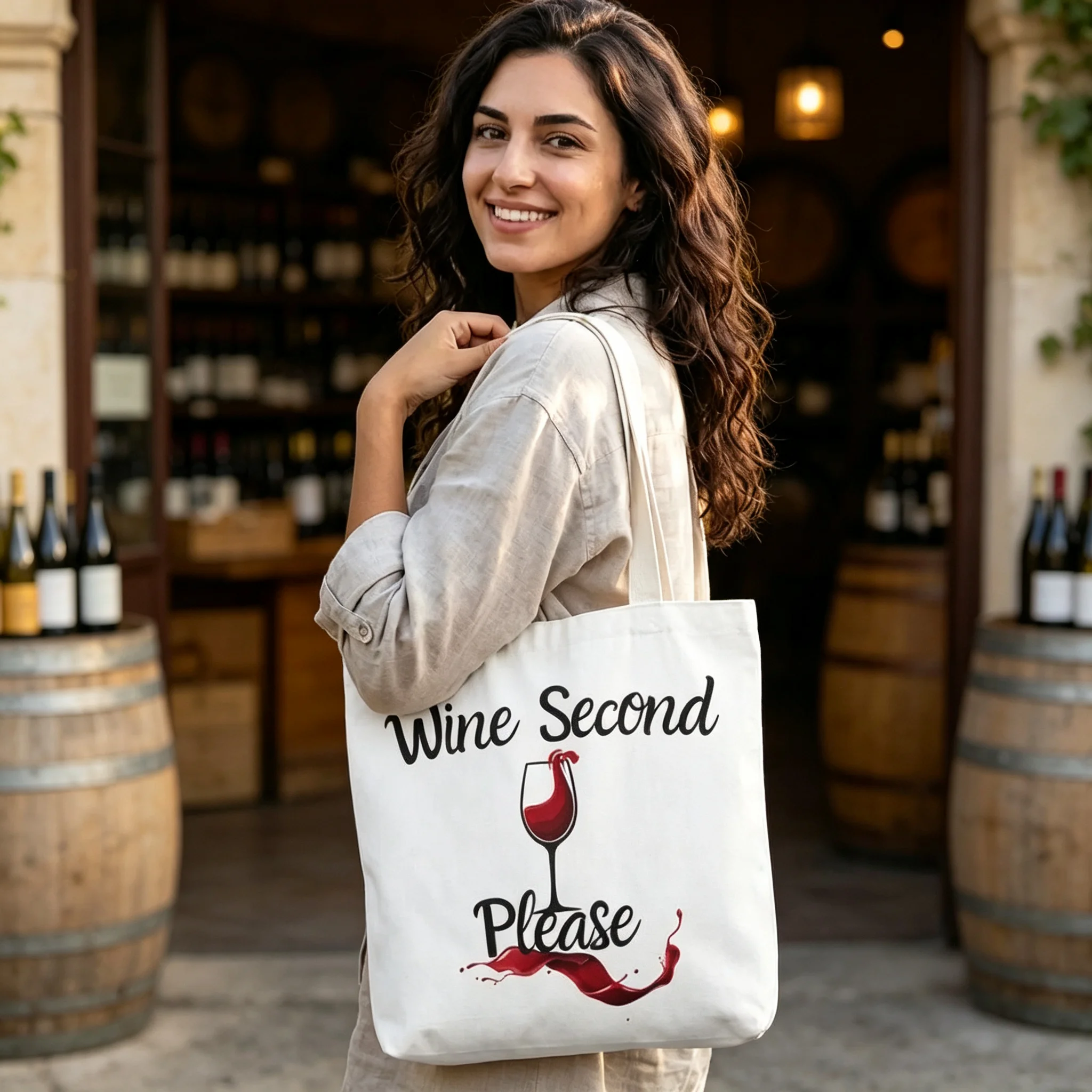 Funny Wine Second Please Canvas Tote Bag Wine‑Glass Graphic Shoulder Bag Reusable Grocery Handbag Wine Lover Gift for Women