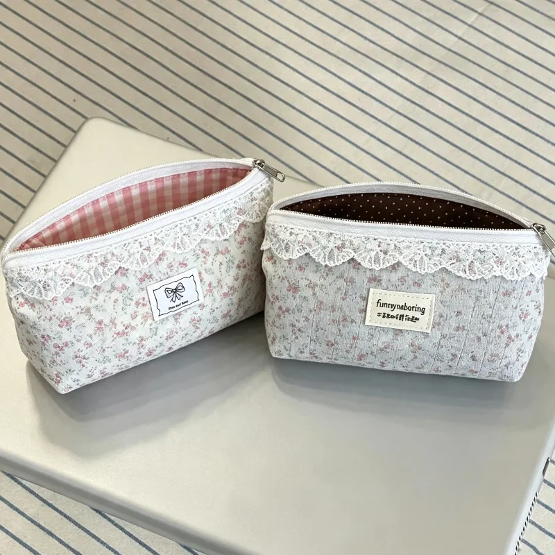 Pastoral Floral Print Makeup Bag Fresh And Sweet Lace Trim Large Capacity Stationery Storage Bag Women's Portable Coin Purse