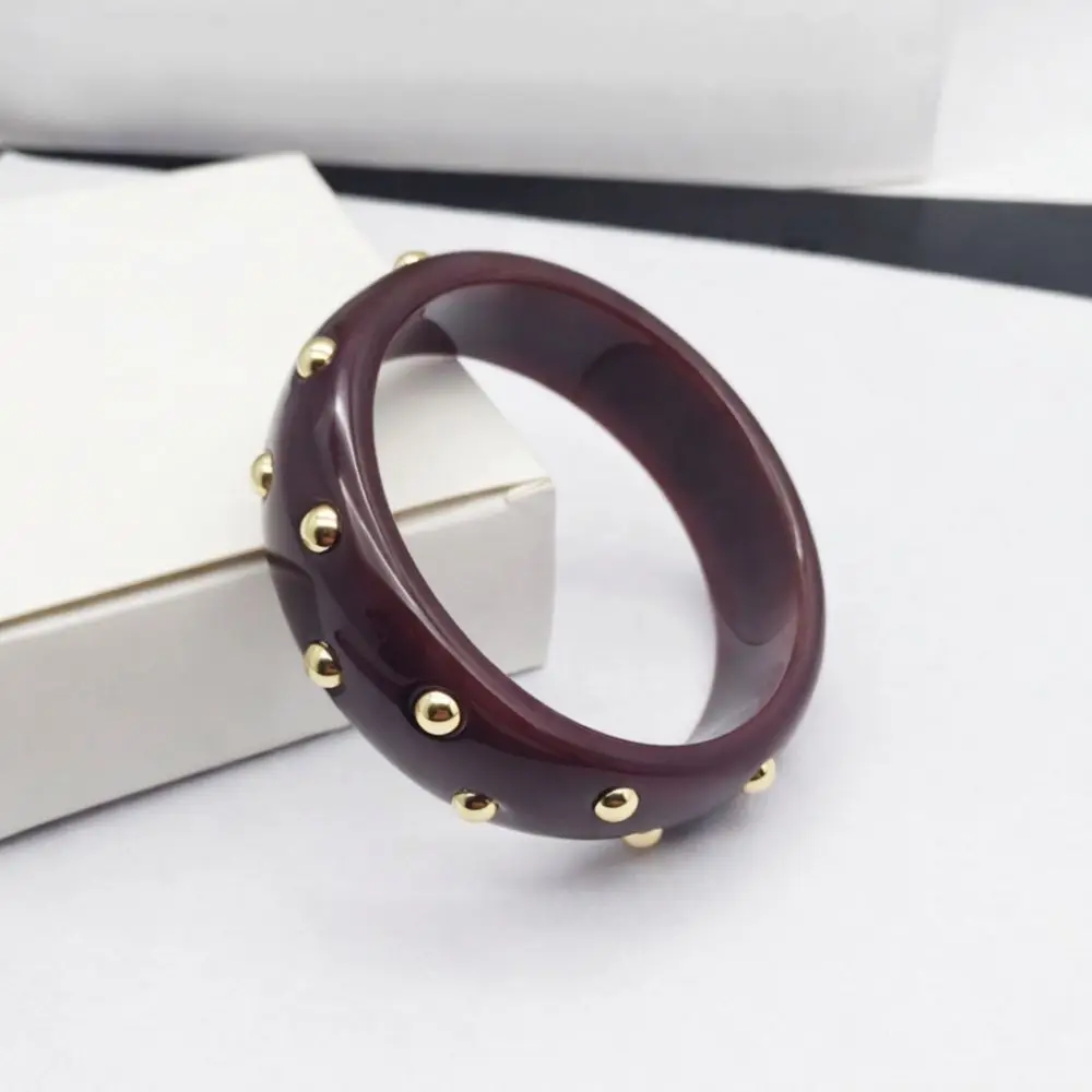 Trendy Vintage Resin Bangle Punk Style Round Shape Chunky Bracelet Inlaid Beads Stackable Wide Bangle Women Accessories