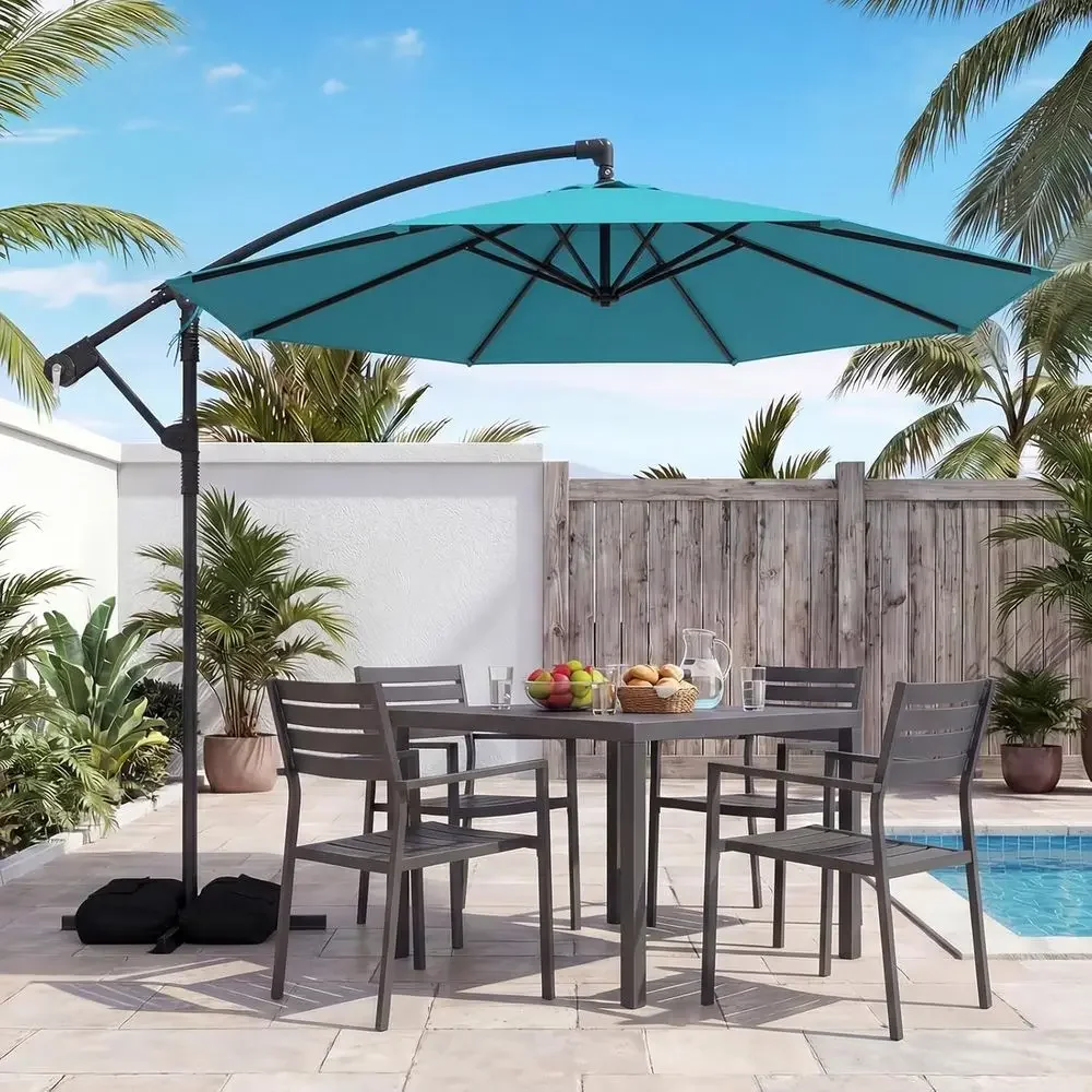 10ft Cantilever Patio Umbrella with Base, Rotating Outdoor Shade, 2 Sandbags, Crank Open/Close for Garden and Backyard