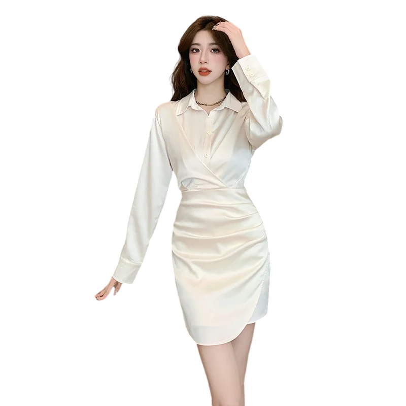 Champagne Dress for Women 2023 Summer Long-Sleeve Temperament Waist-Controlled V-neck Irregular Shirt Dress