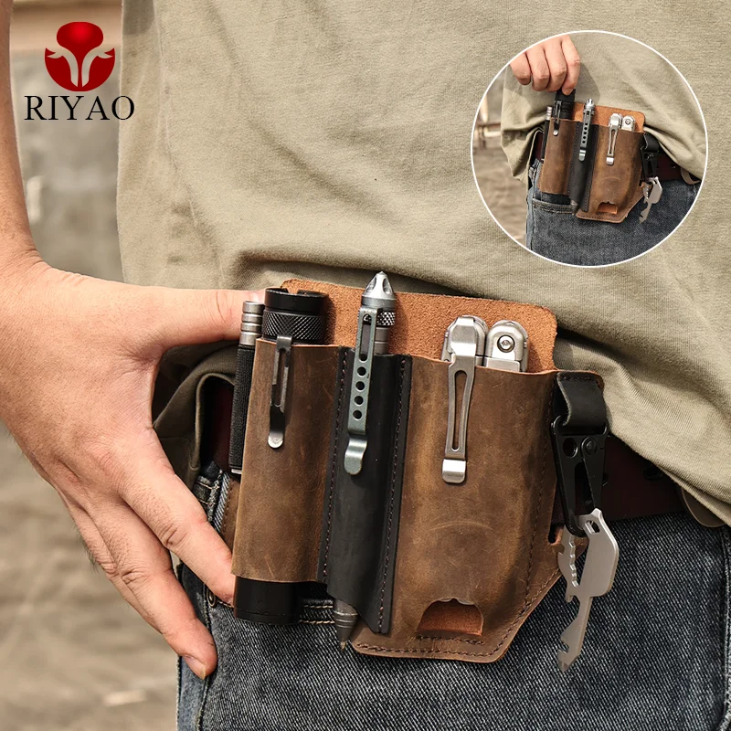 RIYAO Men Multifunction Genuine Leather Sheath Organizer Waist Packs Outdoor Tool Holster EDC Flashlight Folding Knife Pocket