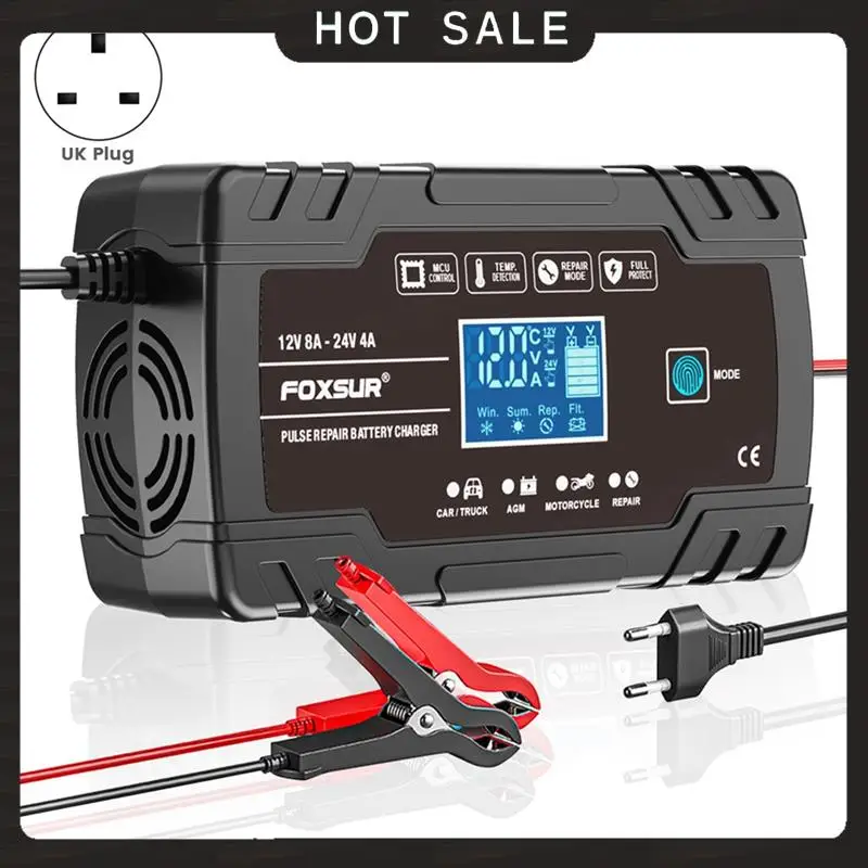 24-Hour Delivery FOXSUR 12V24V Fully Automatic Smart Charger 8A High Power Portable Car Motorcycle Battery Charger For Battery C