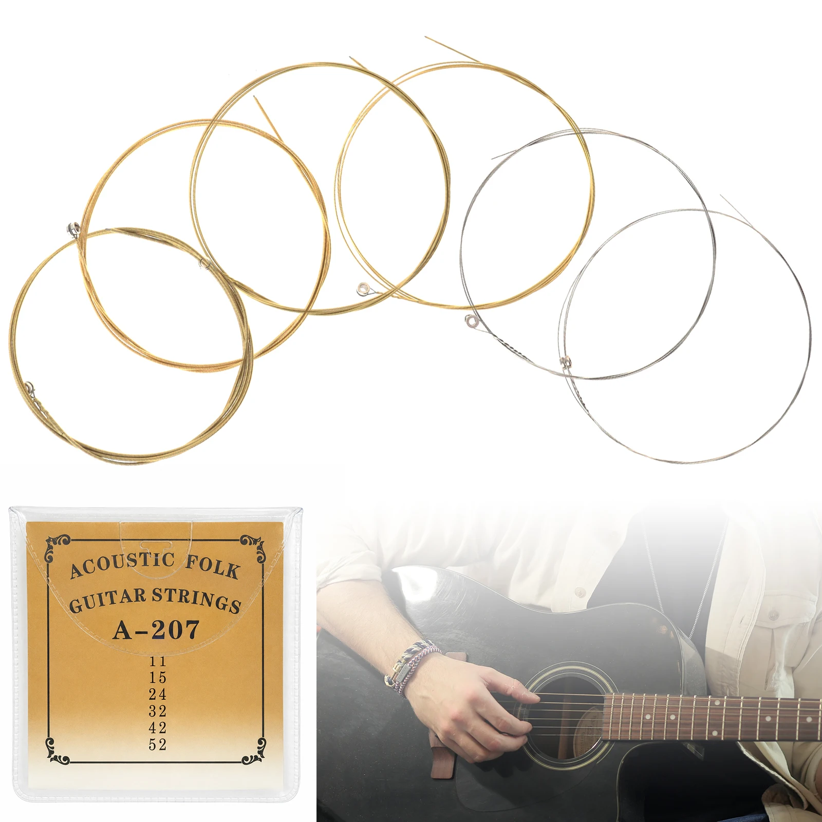 6 Pieces Acoustic Folk Guitar Strings Set 011-052 inch Steel Core Coated Copper Alloy Wound Guitar Strings Replace