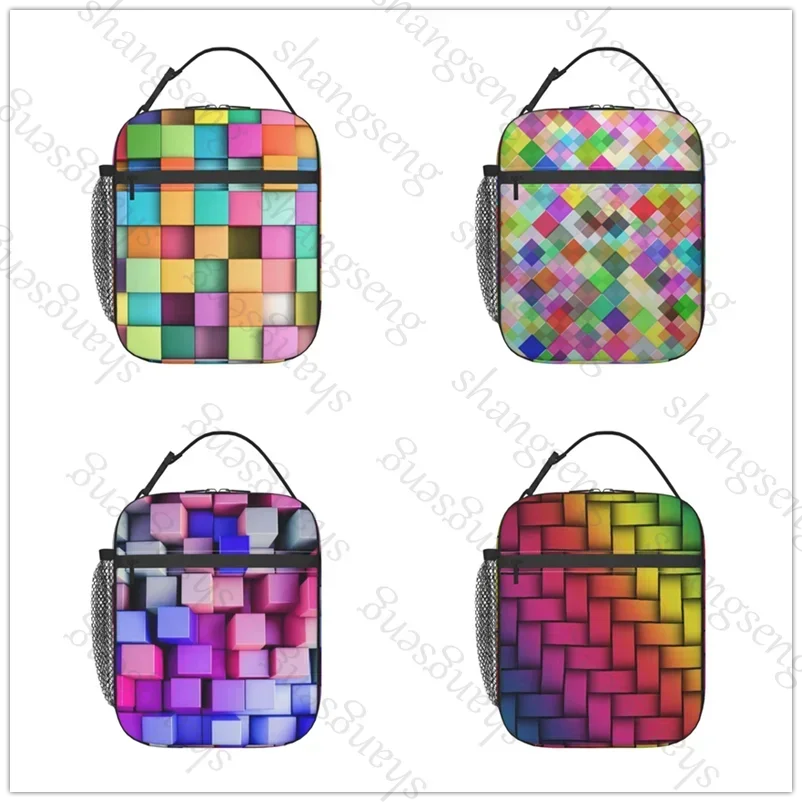 Lunch Bag insulated bag,student thickened waterproof Outdoor Travel Ice Pack, Picnic Bag Rainbow cube grid pattern
