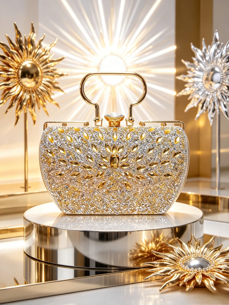 2026 Gold Silver Gradient Sunflower Oval Metal Top Handle Rhinestone Clutch Women Fashion Runway Wedding Banquet Evening Handbag