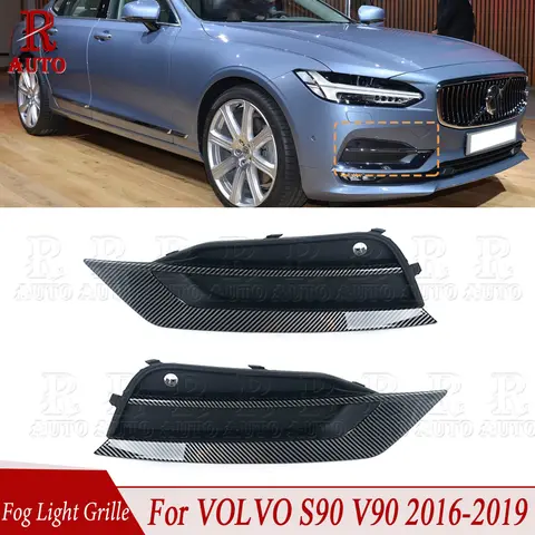 R-AUTO Fog Light Grille Front Bumper Grill Black Carbon Fiber Style For VOLVO S90 V90 2016 2017 2018 2019 31425447 31425446
