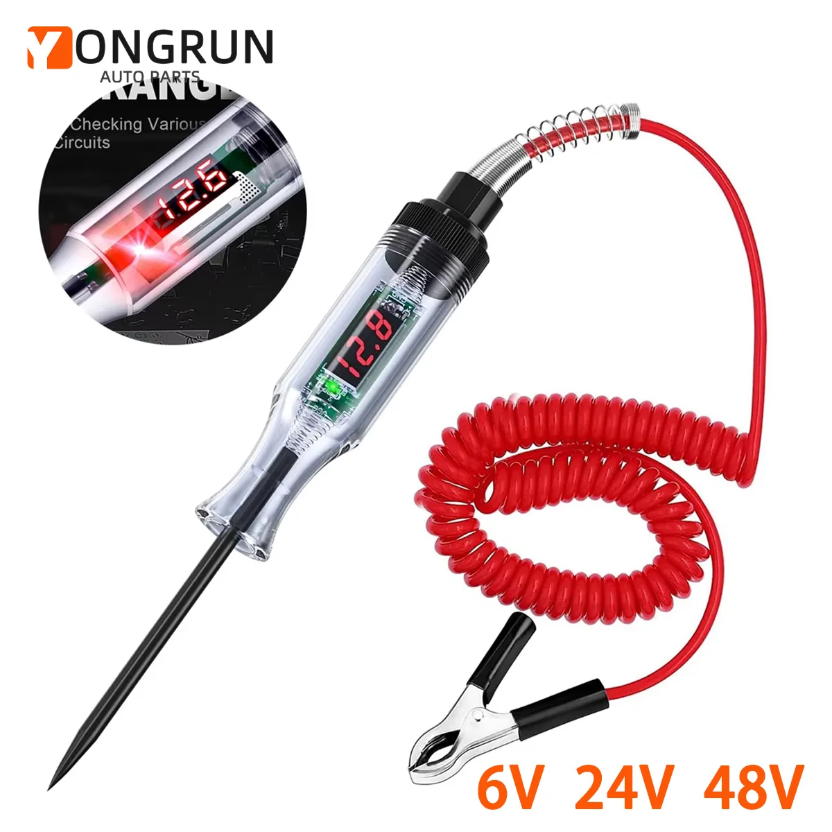 

Автомобильный тестер цепей, тестовая лампа, 24 В, 48 В постоянного тока, цифровой дисплей, удлиненный пружинный кабель, подходит для седанов, внедорожников, грузовиков, газонокосилок
