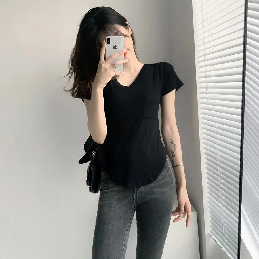 Summer Loose Fit V-Neck Modal Cotton Short Sleeve T-Shirt Women's Pure Desire Draping Sense Shoulder Bone Locking Pocket T-Shirt