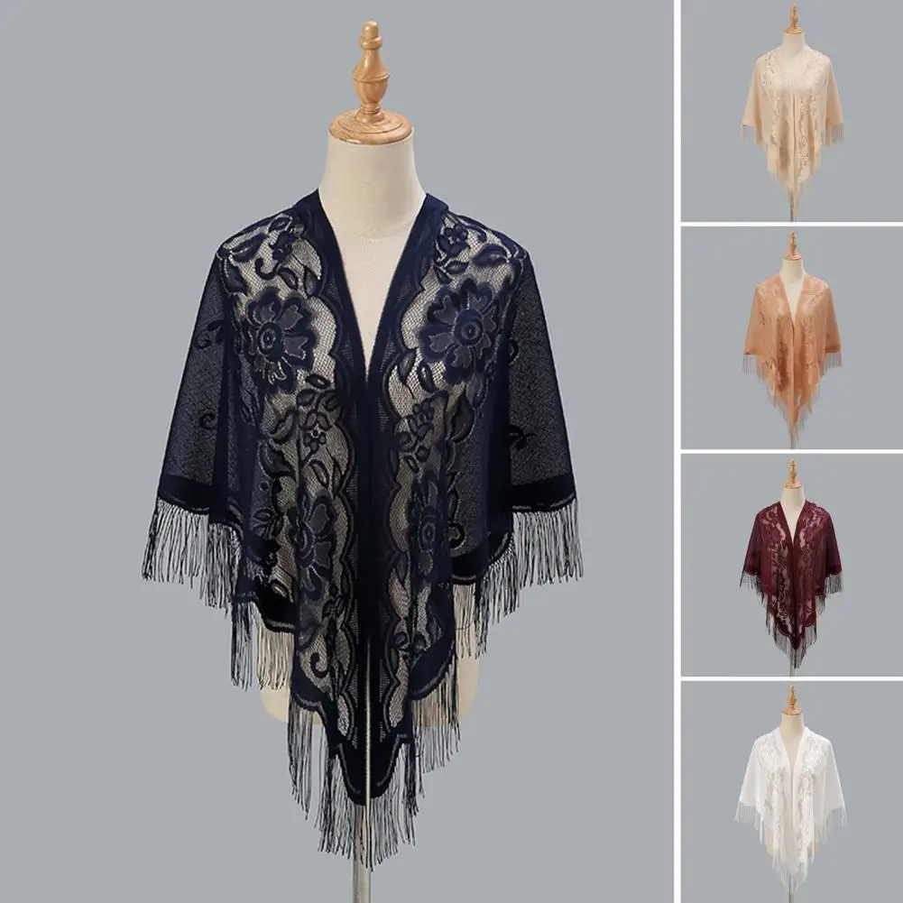

Women Party Shawl Flower Embroidery Hollow Out Tassel See-through Clothes Matching Cardigan Summer Prom Scarf Lady Clothes