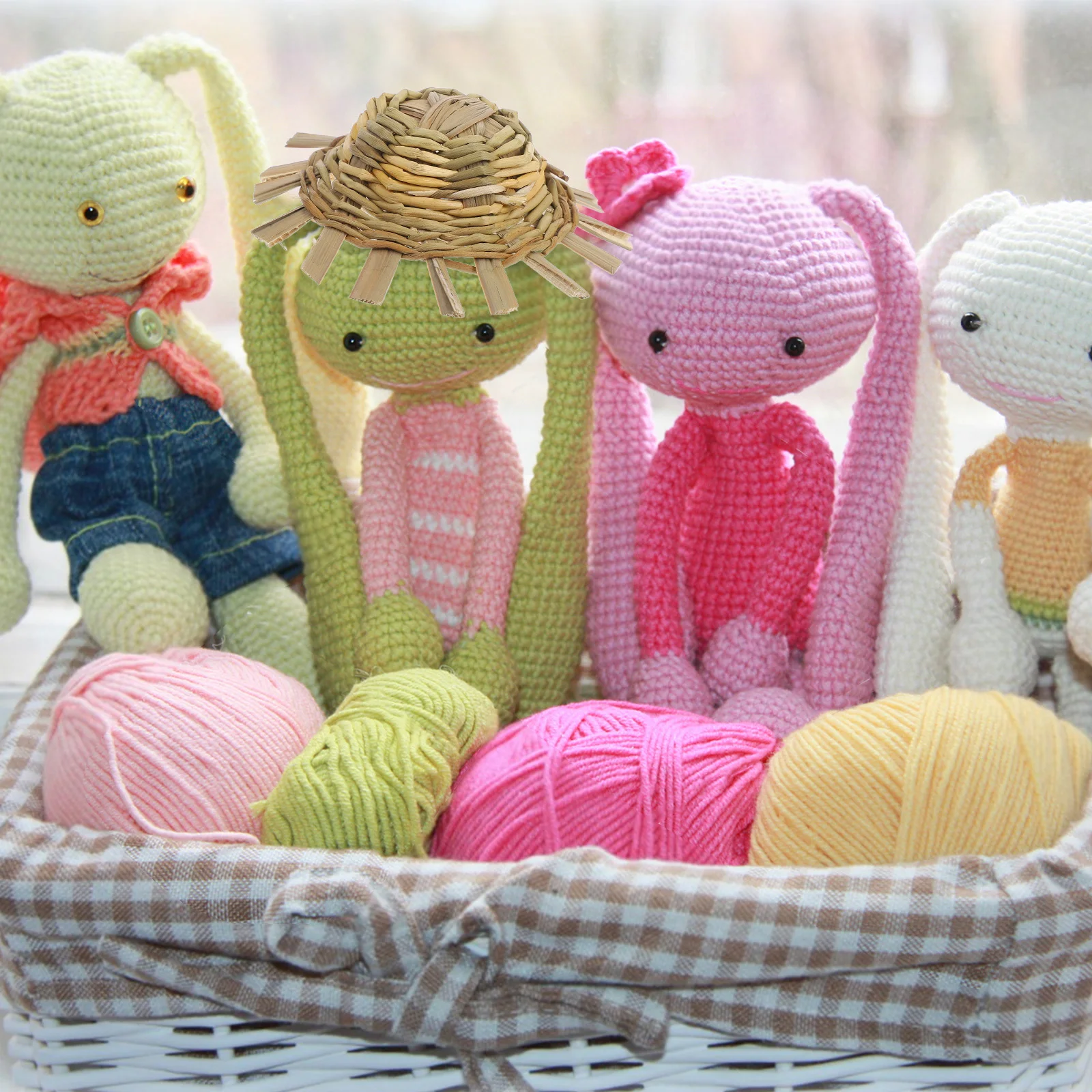 5pcs Miniature Straw 8-9Cm Light Yellow Cute Knitting Cap For Decoration Diy Craft Accessories Dollhouse Straw Hats Tiny