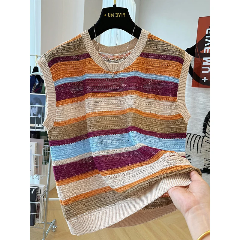 

Женский осенний универсальный модный жилет-майка в полоску из трикотажа больших размеров в корейском стиле
