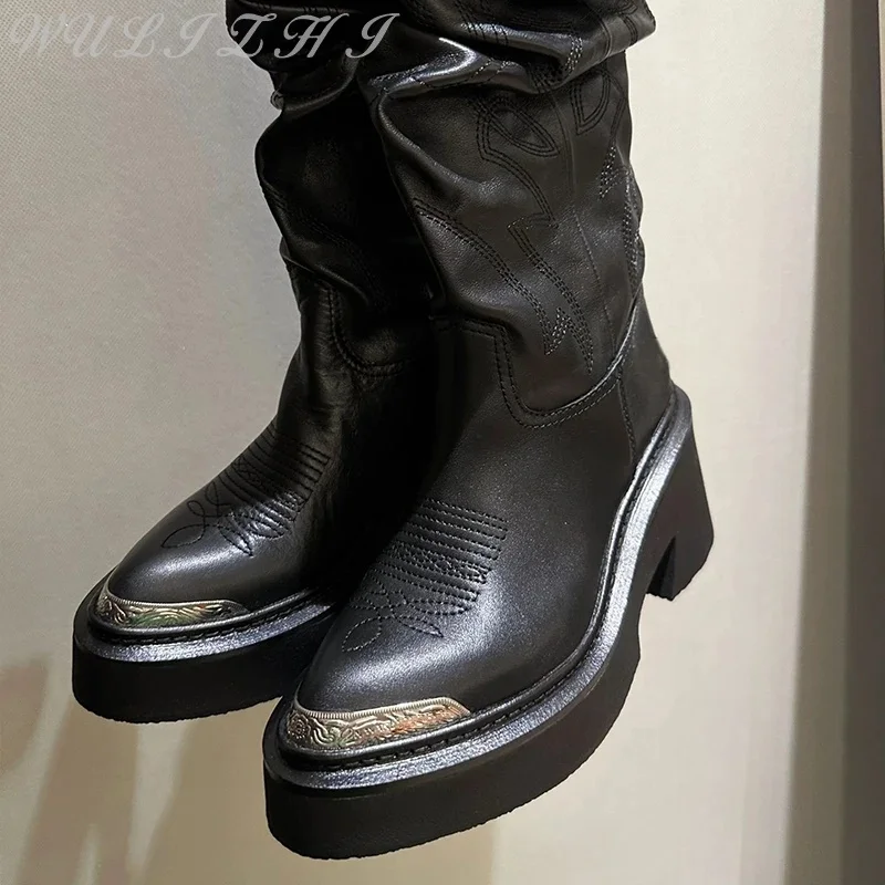 Women's Genuine Leather Pleated Modern Boots Embroidered Metal Toe Platform Female Shoes Trendy Slip-On Western Cowboy Boots