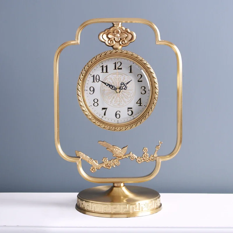 New brass table clock, high-end atmospheric decorative ornaments, new Chinese household desktop, light luxury ornament clock