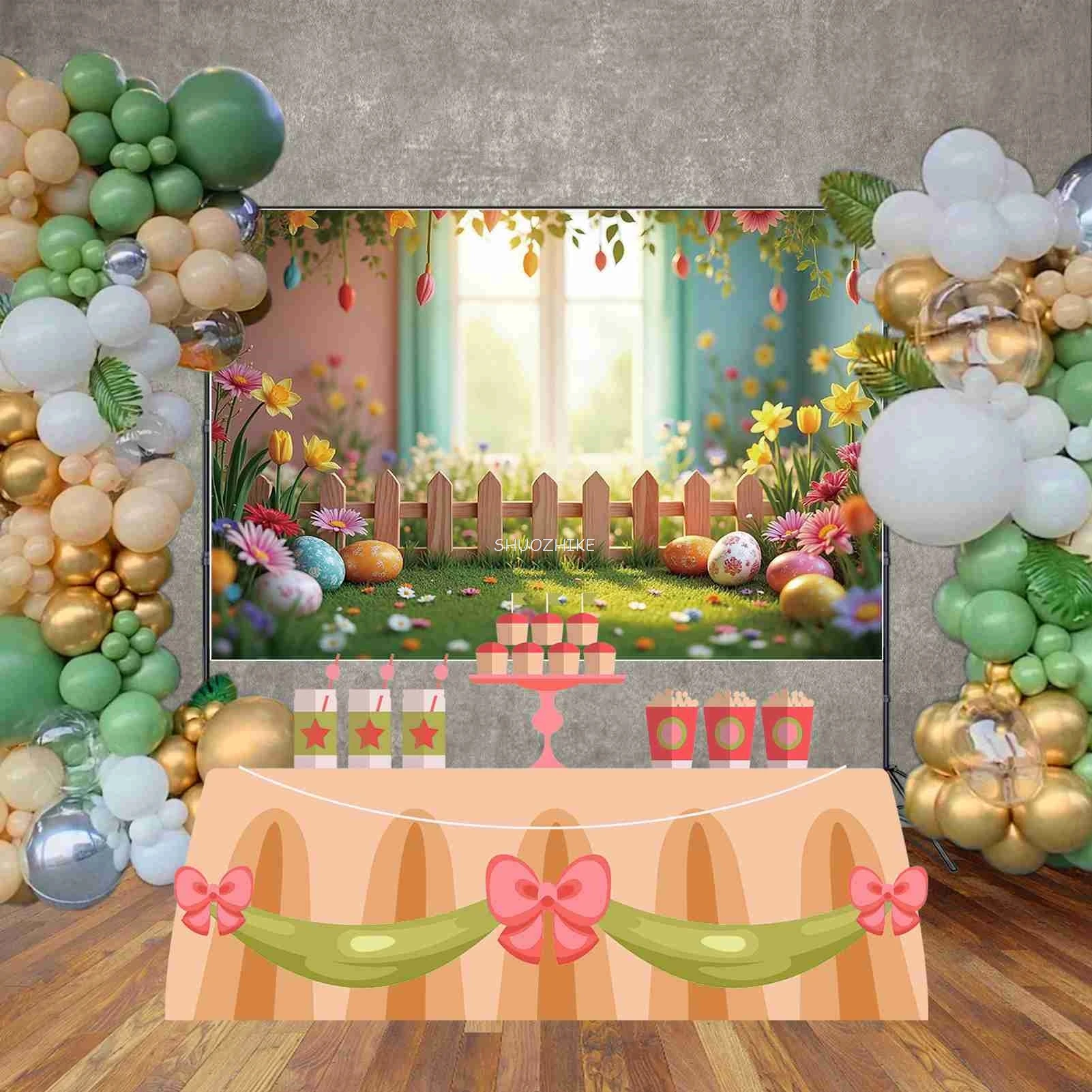 Easter Day Background Blue Living Room New Year Interior Fireplace Backdrops Party Decoration Photo Zone Props