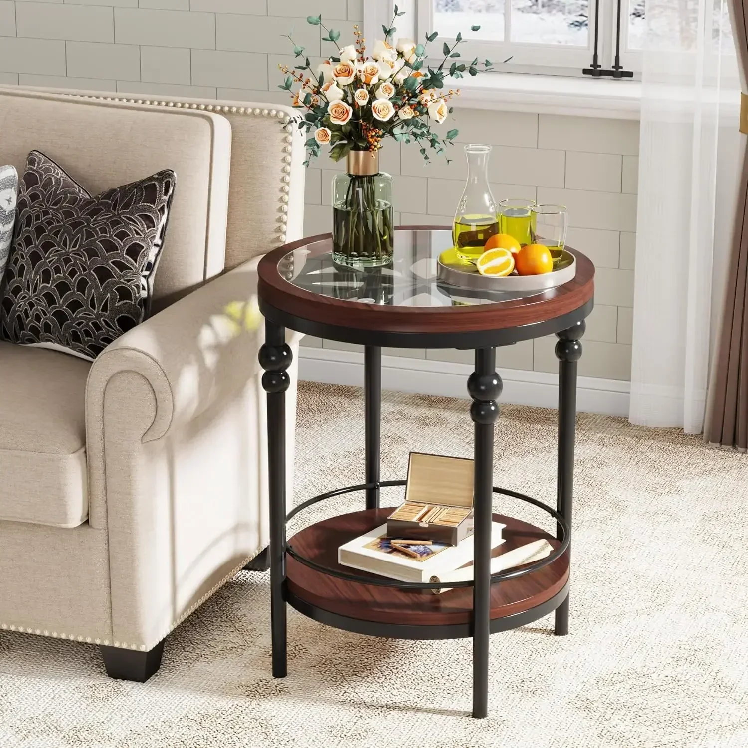 

Modern Industrial Glass End Table,2-Tier Round End Tables with Storage Shelf,Farmhouse Accent Table Coffee Tea Table for Bedroom