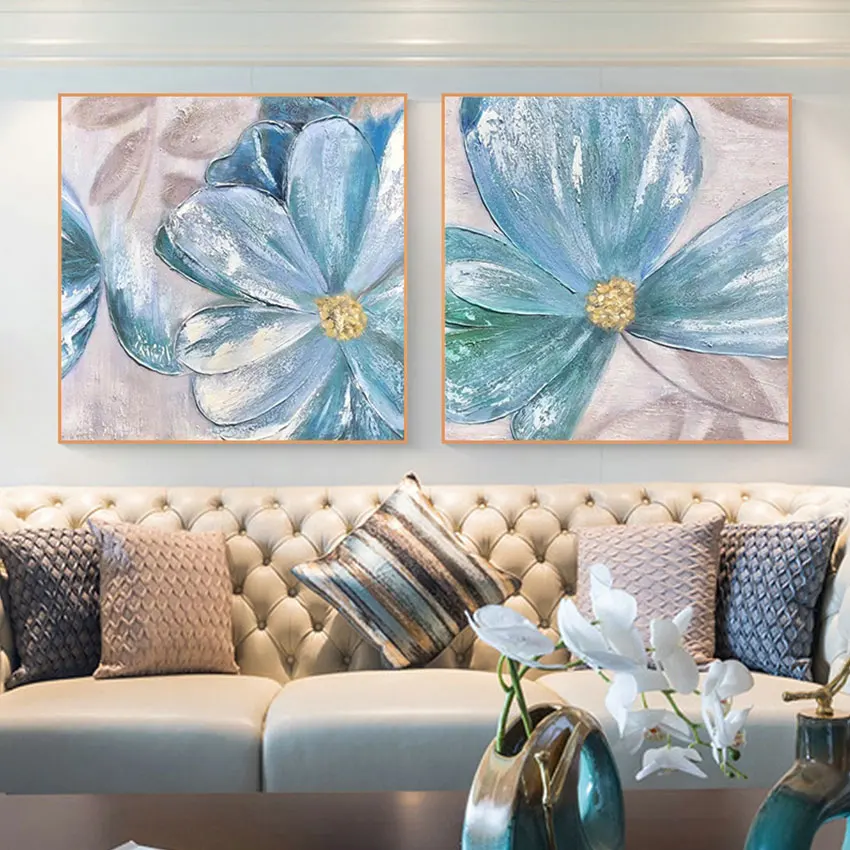 Modern Style Art Canvas Oil Painting Floral Picture Artwork New Design Unframed Large Size Blue Flower Abstract Wall Poster