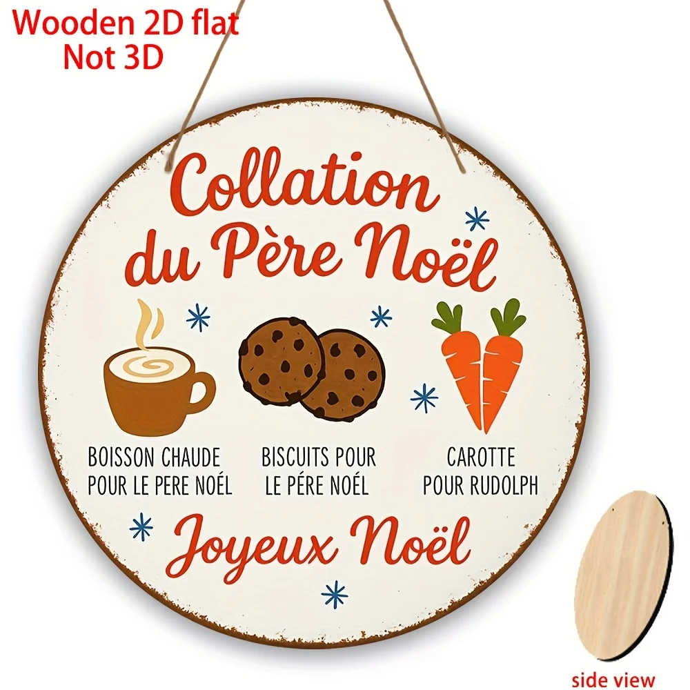 Ein rundes Holzschild zum Aufhängen mit Retro-Französischen Weihnachtsmotiven, darunter heiße Schokolade und Karotten. Dieser 2D-Flachwand-De