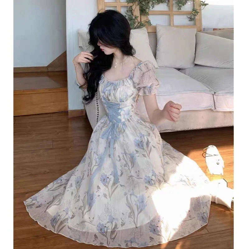 ヴィンテージ花柄ミディドレス女性妖精エレガントなフリルパフ半袖ドレス夏休み韓国レースアップボディコン Vestidos