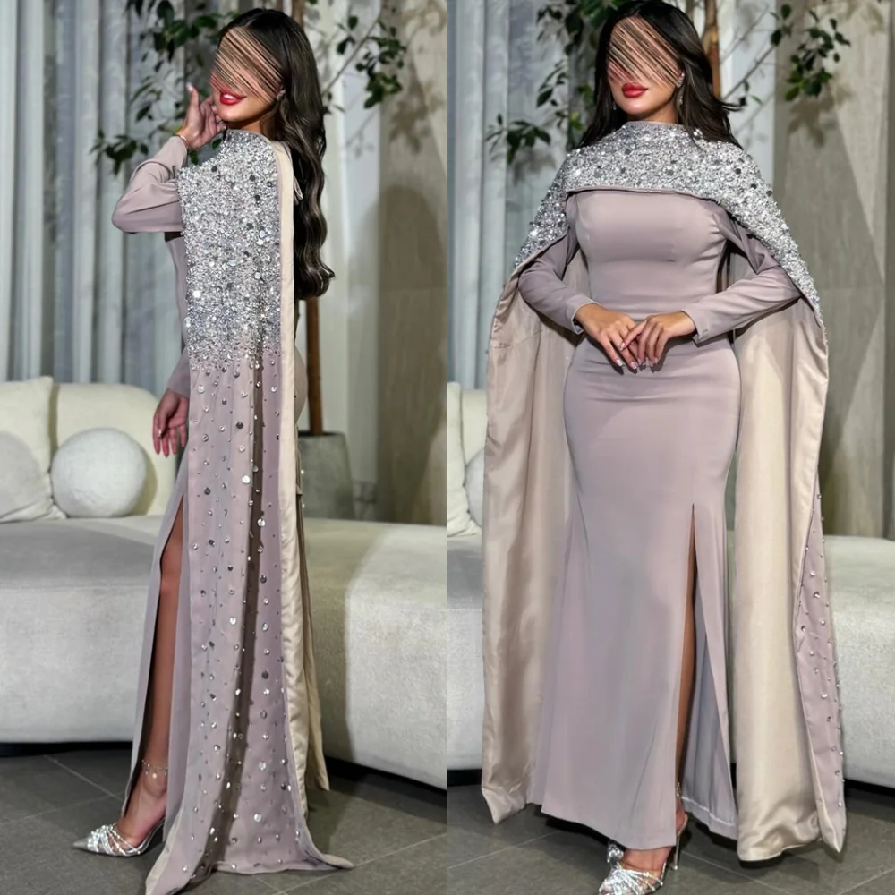 

Customized Mermaid Sparkly Jersey Evening Dresses Fashion Long Sleeves Shawl Celebrity Gowns Exquisite Special Occasion Gowns