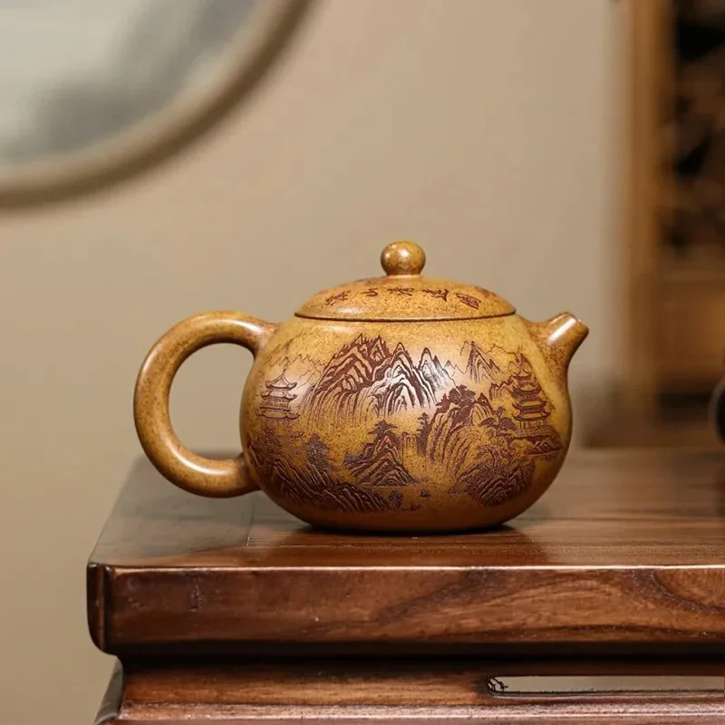 Chinese Yixing Handmade Purple Clay Teapot Hand-carved Landscape Xishi Tea Pot Beauty Kettle Household Zisha Tea Set 420ml