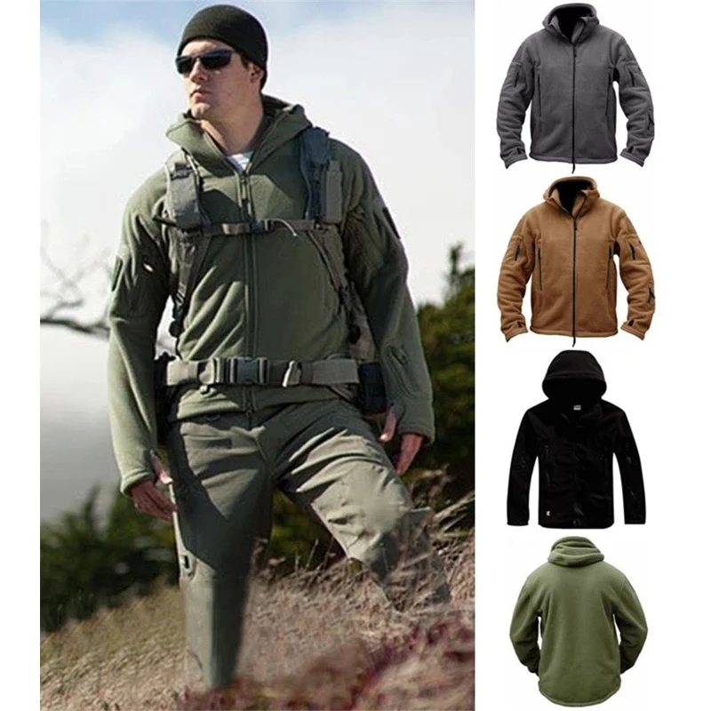 ทหารเสื้อแจ็คเก็ตยุทธวิธีทหารฤดูหนาวความร้อนขนแกะ Zip Up Outdoors กีฬา Hooded เสื้อ Windproof กลางแจ้งปีนเขา Army แจ็คเก็ต