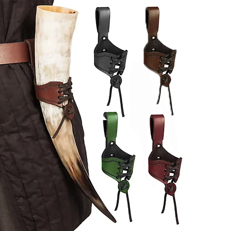 Taza con cuerno de buey para beber pirata vikingo Medieval, correa para Ale, soporte para vasos de vino y cerveza, funda, accesorio de disfraz de caballero nórdico Larp