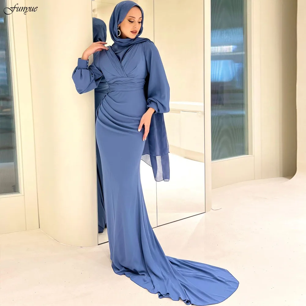 Funyue Women Elegant Mermaid V-Neck Muslim Evening Gown Royal Blue Long Sleeves Hijab Formal Occasion Dresses Prom Dress 2025