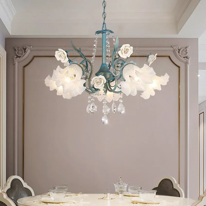 

SANDYHA French Pastoral Pendant Lights Creative Flowers Glass Crystal LED Chandeliers for Living Room Dining Room Home Decor