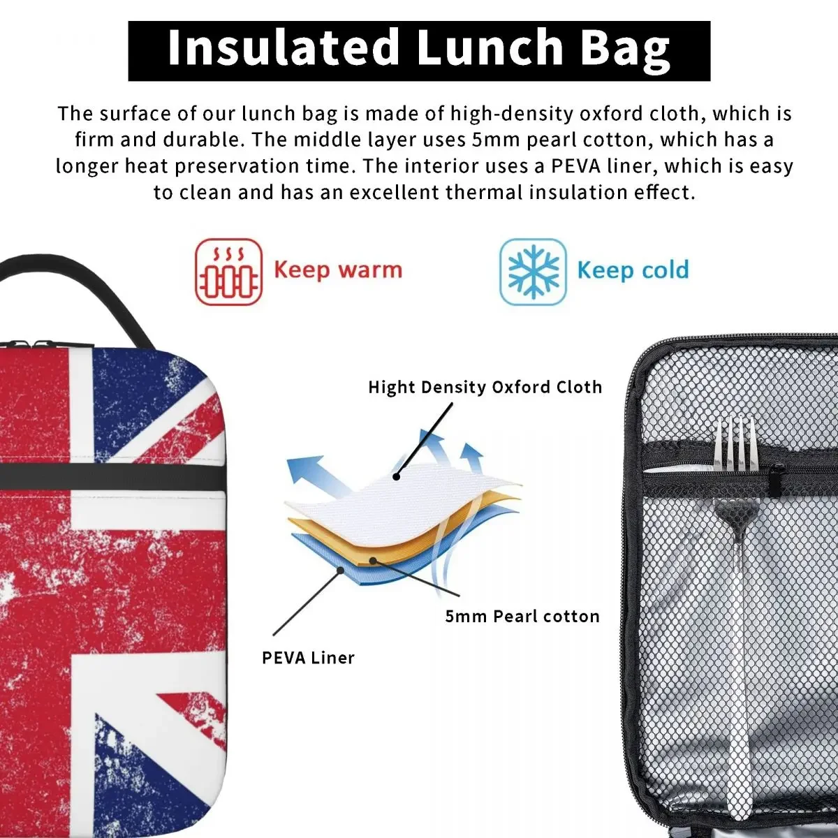 Distressed Union Jack Flag Insulated Lunch Bag for Kids School Cooler Thermal Food Box Tote Leakproof Lunch Boxes Container