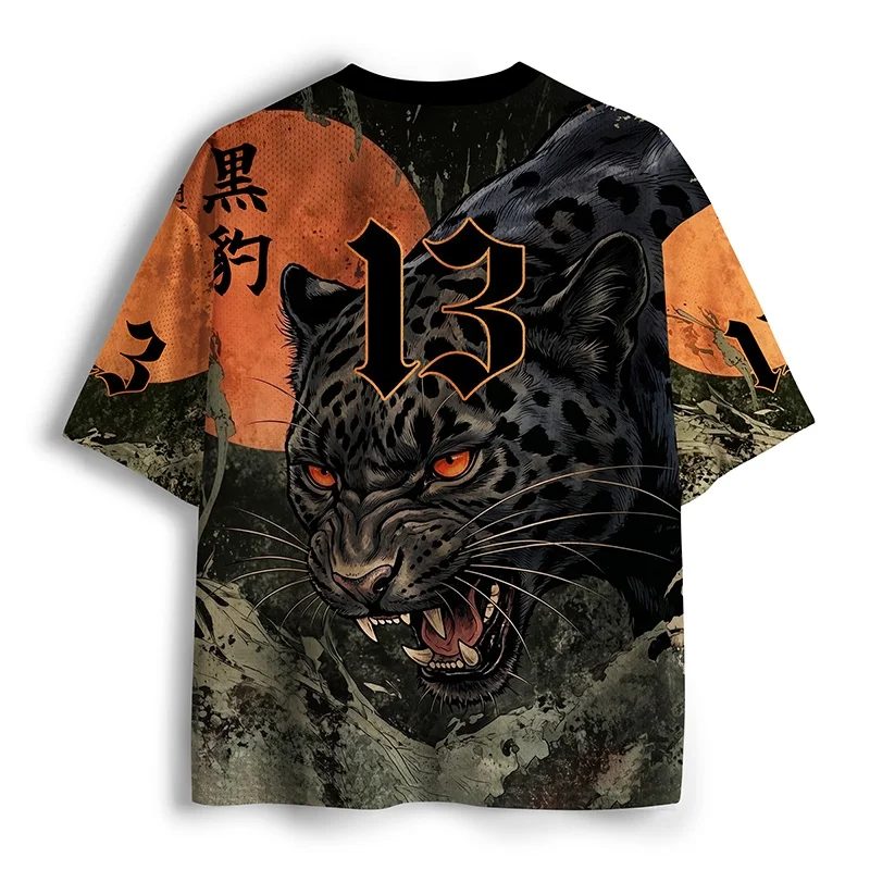 Japanese Black Panther Printed Net Eye Shirt Retro Ukiyo-i Street Dress Adult and Children's Extra Large Short Sleeve T-shirt