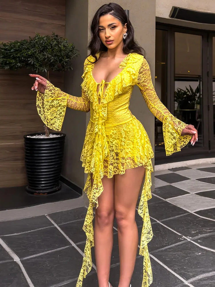 

Women's Sexy Lace Bodycon Mini Dress Ruffle Hem V-Neck Long Sleeve Short Dress Party Streetwear Outfits Y2k Clothes Skirt Shorts