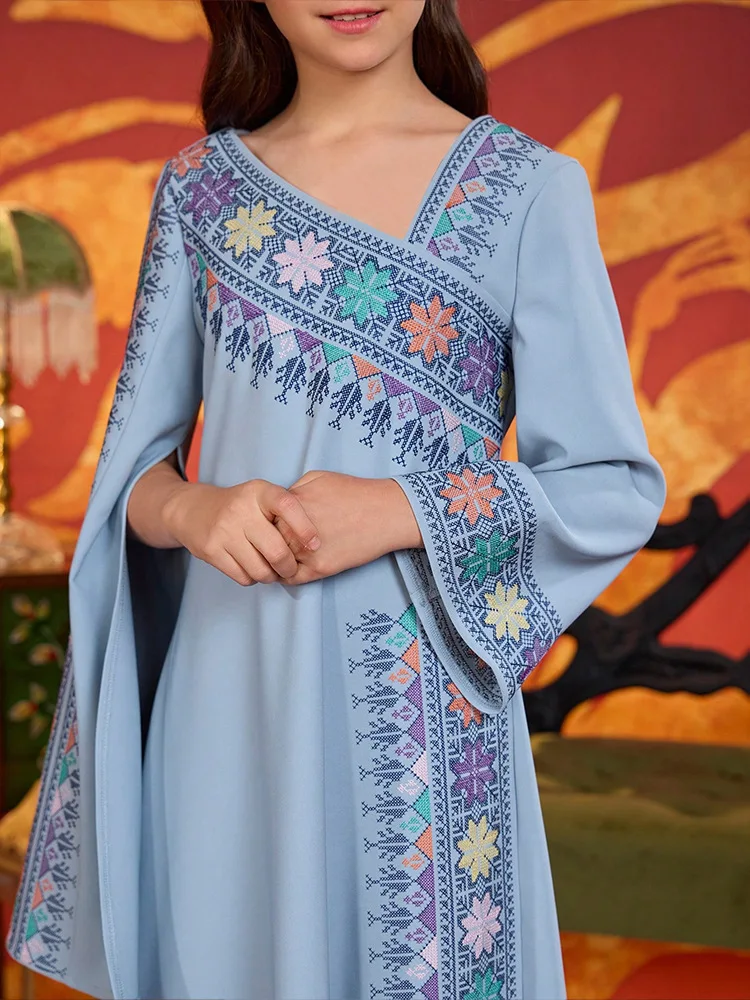 New Muslim Kids Girls Embroidery Long Sleeve Maxi Dress Robe Ramadan Islamic Children Clothing Arabic Abaya Turkey Party Morocco