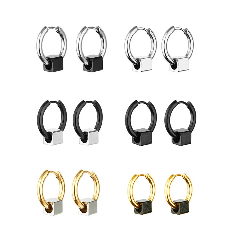 Fashion Square Bead Circle Earrings Stainless Steel Punk Hiphop Geometric Stud Ear Jewelry Party Gifts For Women Men