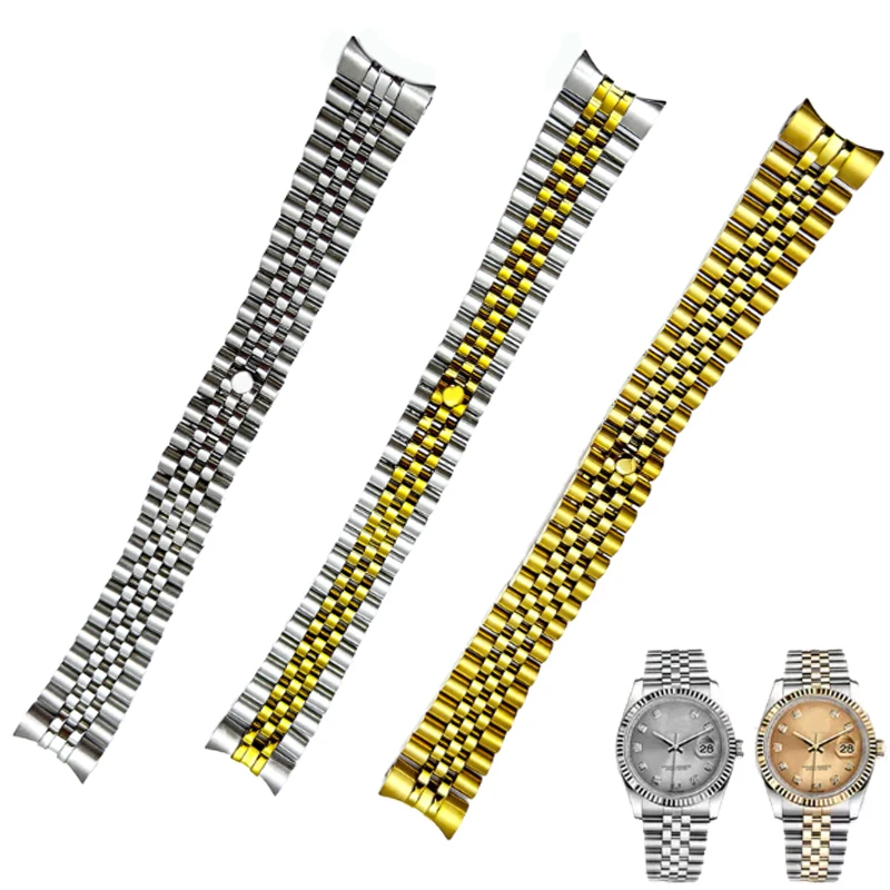 20mm 21mm Solid Stainless Steel Jubilee Watchband for Rolex Oyster Perpetual Date Just Silver Gold Metal Strap Watch Bracelet
