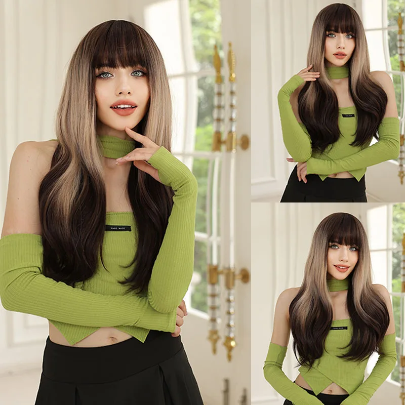 

Европейские и американские парики черного и коричневого цвета с градуированным переходом, женские, с челкой, крупными волнами, длинными кудрявыми волосами, из химического волокна, машинной работы.