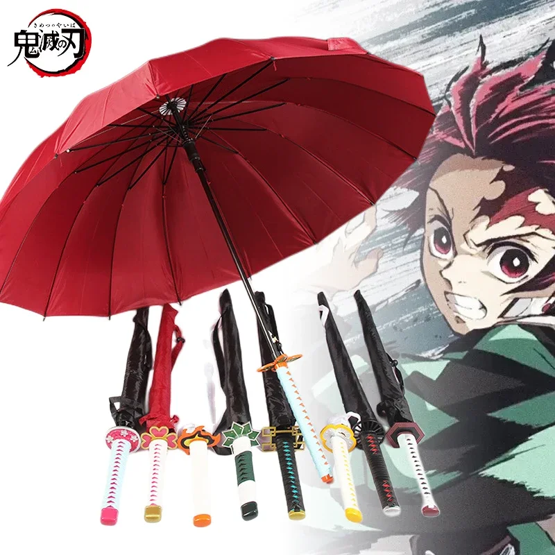 Paraguas con mango de katana de Demon Slayer, Tanjirou Kimetsu No Yaiba, paraguas japonés con forma de espada samurái, parasol largo para lluvia y sol, accesorio.