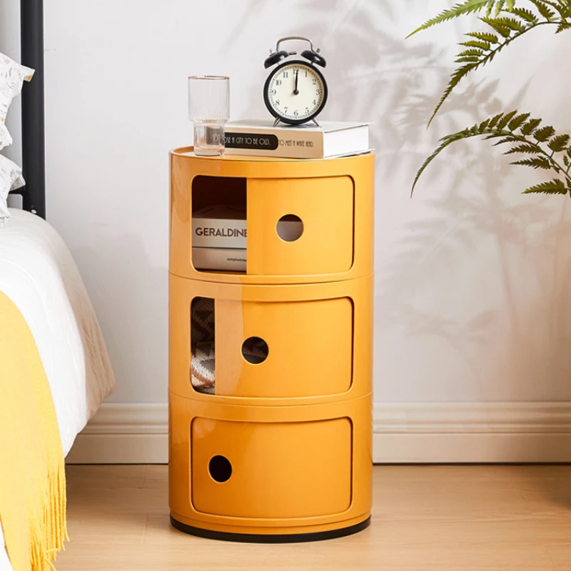 Ins สไตล์ Minimalist โต๊ะข้างเตียงโมเดิร์นสีขาวตู้กลมพลาสติกด้านข้าง Nightstand สําหรับห้องนอนขนาดกะทัดรัด