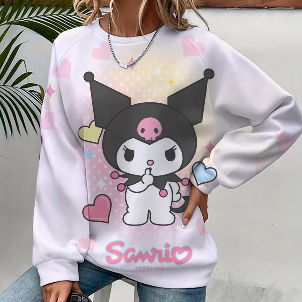 Women's Hello Kitty Coulomi Printed Sweatshirt, High Street Women's Hoodie, Y2K Pattern Clothing, Casual Round Neck Sweater