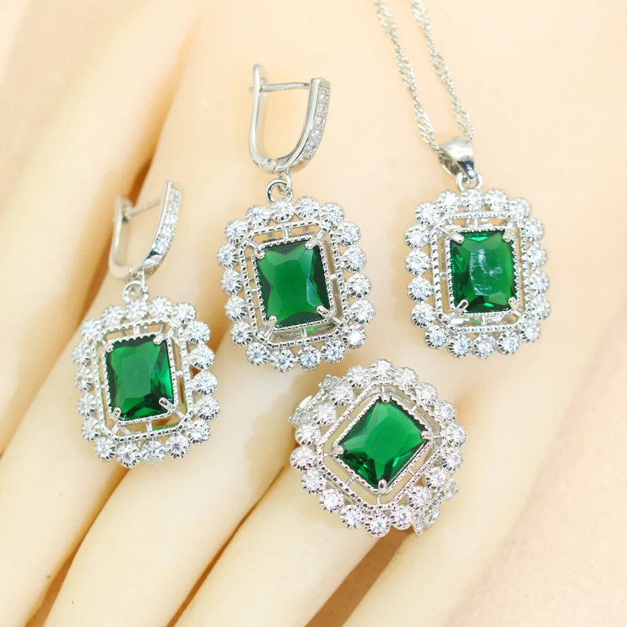 925 Silver Bridal Jewelry Sets For Women Green Zirconia Earrings Necklace Pendant Bracelet Open Ring Christmas Gift 4PCS