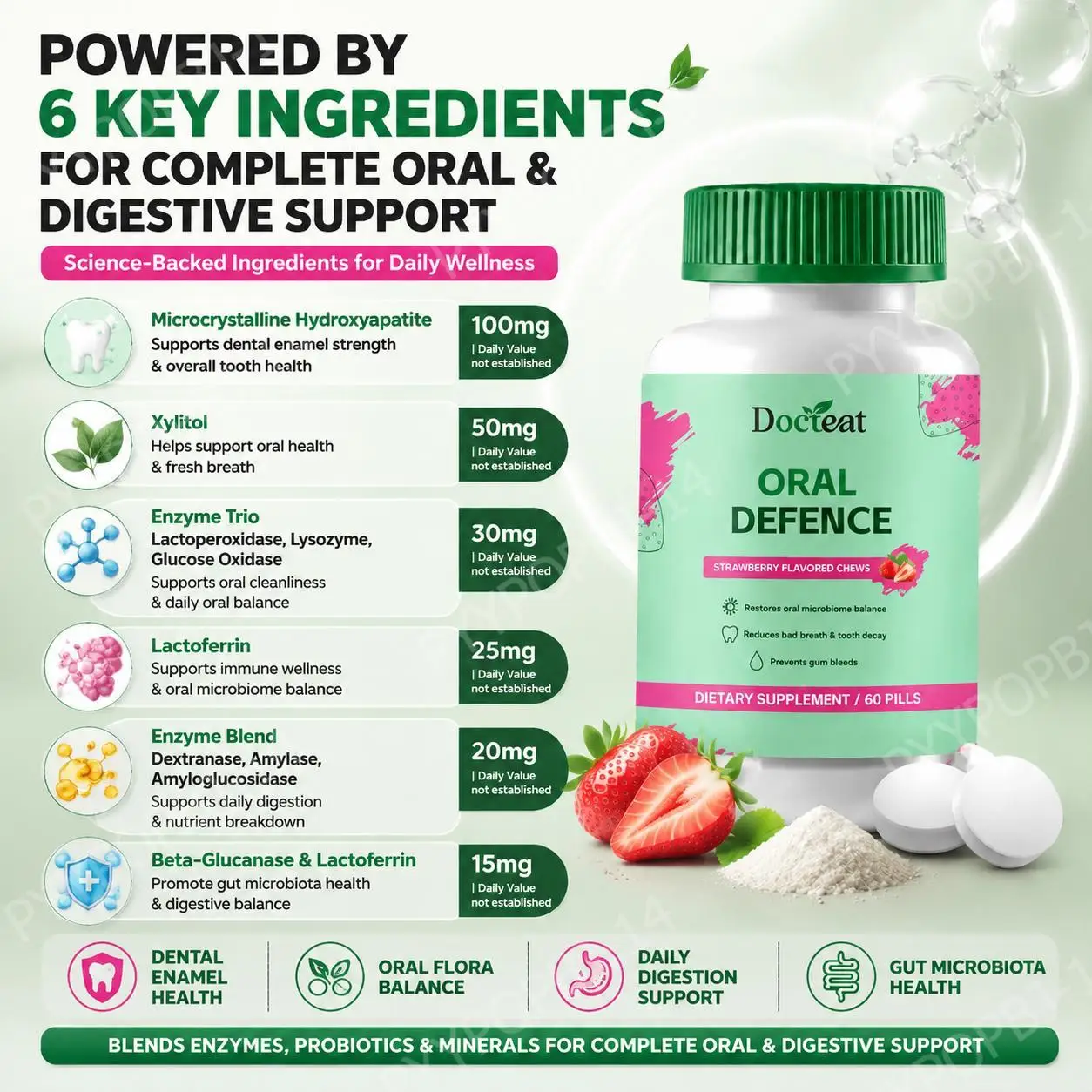 Docteat Oral Defence Tablets with Microcrystalline Hydroxyapatite and Xylitol for Enamel Support and Oral Flora Balance 60 Pills - view 4