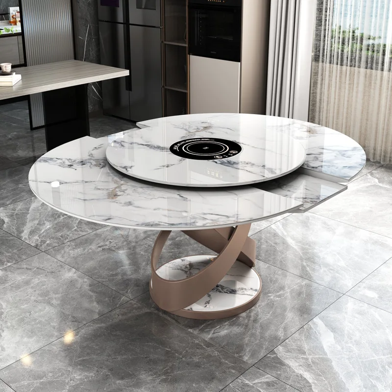 Light luxury retractable oval slate dining table, modern simple household small apartment, multi-functional induction cooker din