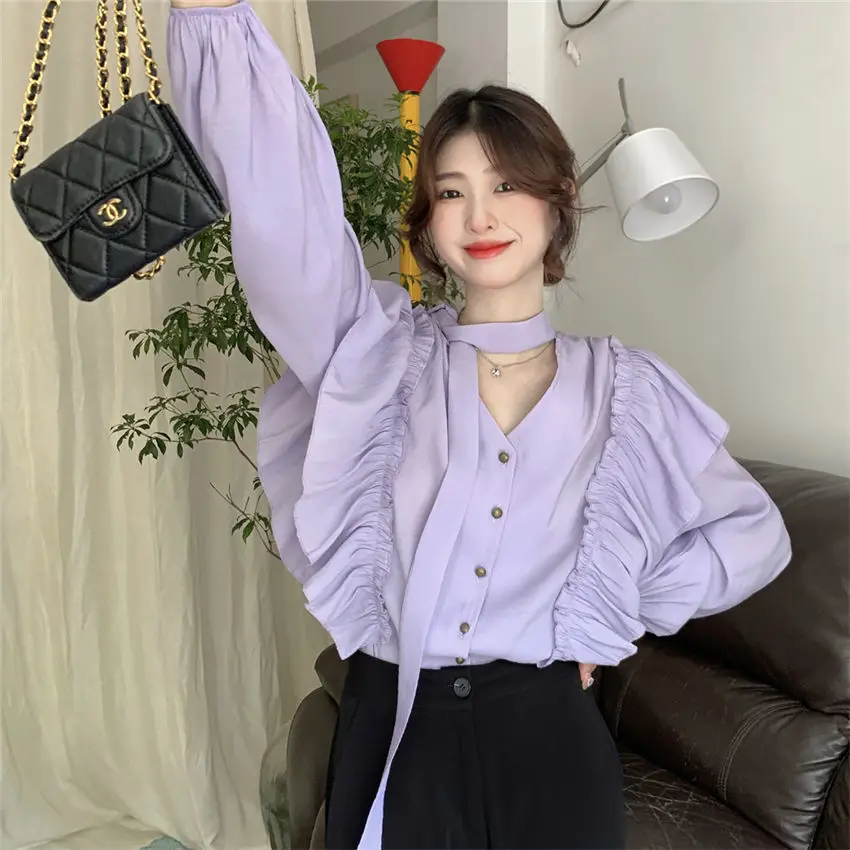 Purple Shirts Women Ruffles Temper Elegant Crop Designer Aesthetics Sweet Gentle Baggy Vintage Camisa V-neck Clothes French Ins