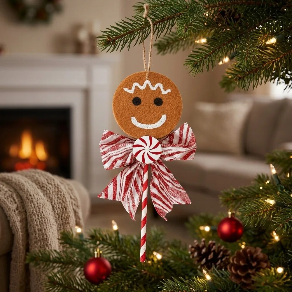 Christmas Cookie Man Ornament Brown Felt Hanging Decoration 11.8 Inch Festive Red White Bow For Christmas Tree Wall Door Window