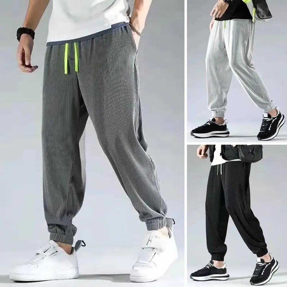 Men Sweatpants Mid-rise Elastic Drawstring Pockets Shrinkable Cuffs Fast Drying Summer Wide Leg Thin Jogging Pants Streetwear